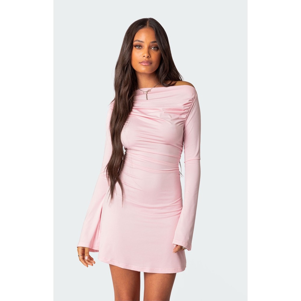 Edikted Pink Ruched Long Sleeve Mini Dress Boat Neck Bodycon Size M NWT